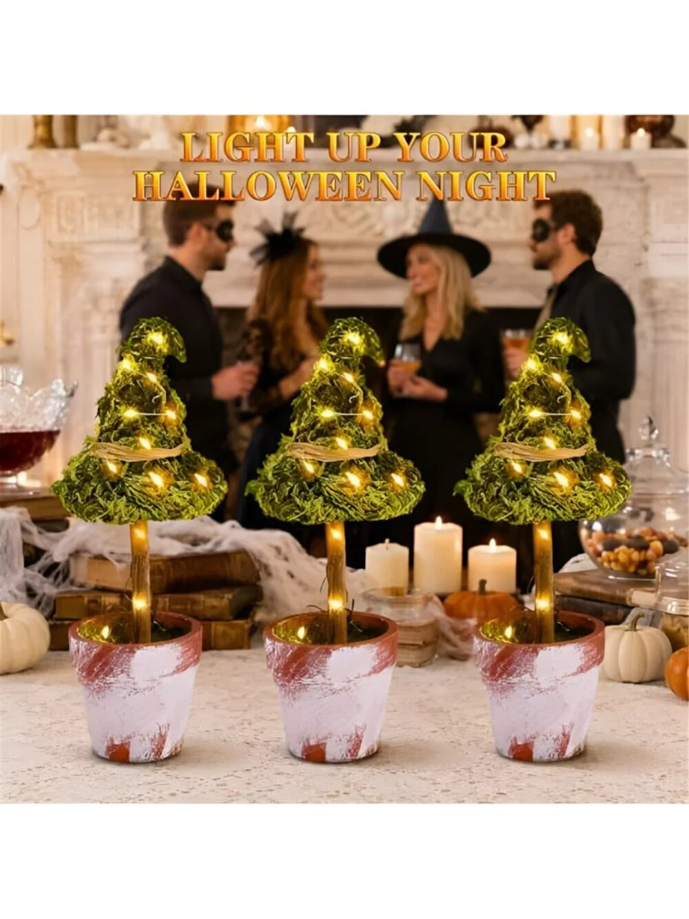 3 Pcs Halloween Witch Hat Topiary Plant Decor with LED Lights